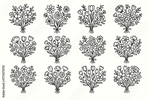 Floral petals artistic rough set vector mixed stem icon tie flower bundle