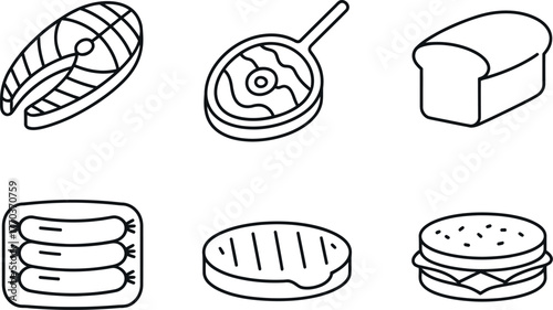 Simple line drawing icons of various food items steak salmon bread sausages burger and pan vector
