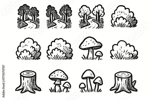 Mushrooms set vector stump collection woodland natural icon tree forest minimal bush