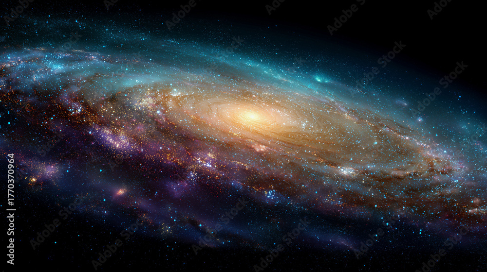 Fototapeta premium Breathtaking spiral galaxy bursts with vibrant nebulae and countless stars, showcasing cosmic wonder and the vastness of space in stunning detail.