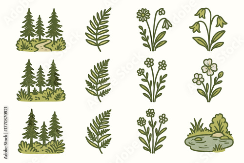 Woods pencil vector pond wildflowers tranquil set forest small icon lane ferns