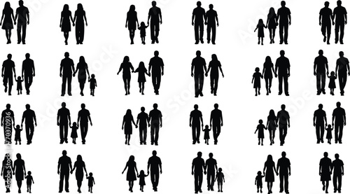 Family silhouettes in various group poses, parents and children vector illustration for social, demographic, and lifestyle themes