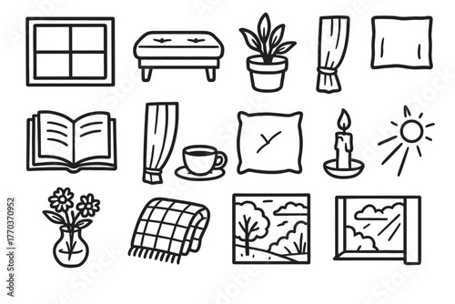 Sunbeam icon book garden bench cushioned vector window open potted