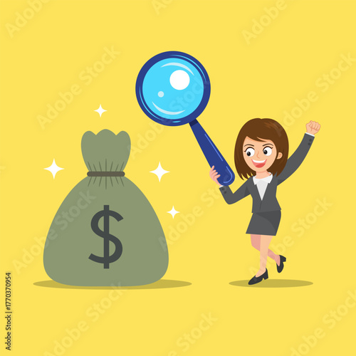 Woman Holding Magnifying Glass Searching Money.