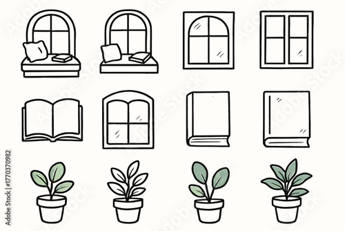 Garden book plant icon window vector reading drawing minimal nook cozy