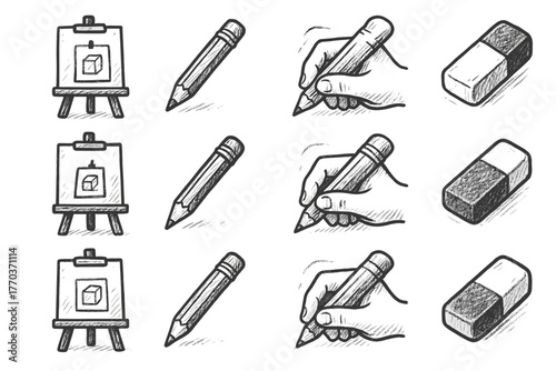 Vector doodle drawing eraser sketch pencil artistic study icon setup hand icons