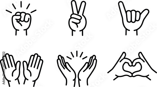 Minimalist line art hand gestures icons set peaceful communication symbols simple outline graphics vector