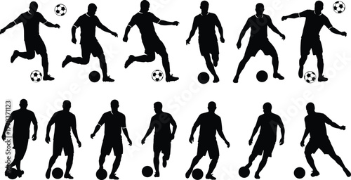 Soccer player silhouettes in action and control poses, football movement vector illustration for sports training and athletic design themes