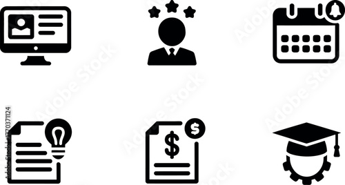 Set of six black and white icons representing professional development and achievements vector