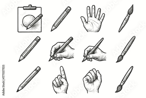 Collection brush pose session hand drawing icons art pencil icon fine vector