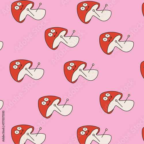Cute Voodoo Mushroom Pattern. Seamless Spooky Whimsical Background with Dolls and Needles