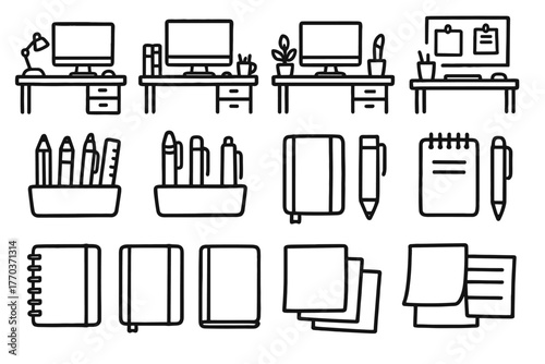 Pen notes vector icon notebook workspace desk organized doodle icons tray sticky