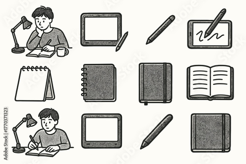 Work vector icon outline creative desk tablet icons home doodle notebook stylus