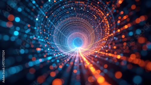 Particle tunnel spiraling toward bright cyan core with blue orange light streaks forming concentric rings in dark bokeh void creating an abstract digital scene
