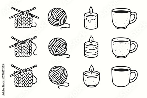 Ink cup wool setup candle set vector warm knitting ball icon yarn