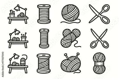 Icon artisan yarn thread collection workspace knitting scissors vector spool set sketch