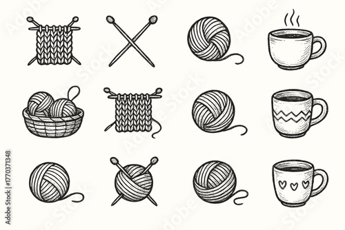 Set needles cup cozy icon vector setup wool knitting pencil yarn