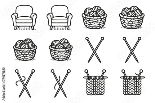 Icon relaxed drawing basket craft needles vector wool set fabric area knitting