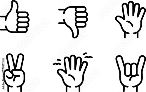 Set of six minimalist line art hand gestures icons for approval disapproval communication and rock music vector