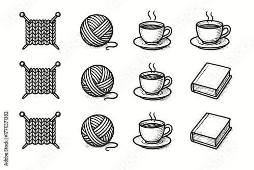 Project teacup handdrawn yarn ball knitting book set vector evening icon peaceful