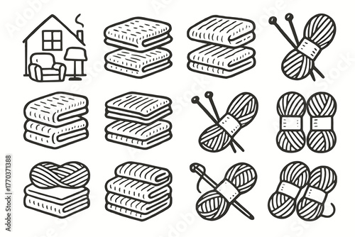 Blanket yarn setup vector needles craft cozy collection icon knitting icons folded