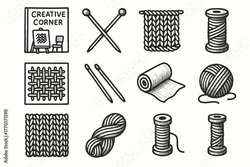 Thread fabric needles knitting design set space icon textile vector roll