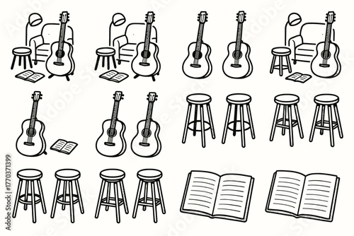 Icons notebook rough vector icon rehearsal guitar practice cozy setup music stool