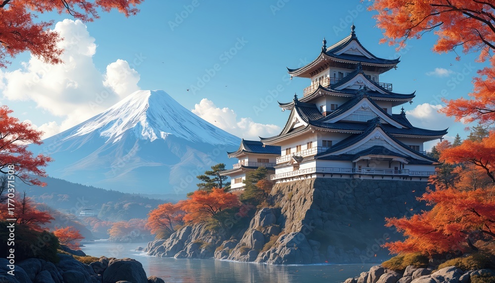 Obraz premium Picturesque scene with Japanese castle and Fuji mountain on horizon. Fall foliage with vibrant red trees. Classic landmark of japan with tranquil blue sky. Calm water reflecting mount Fuji.