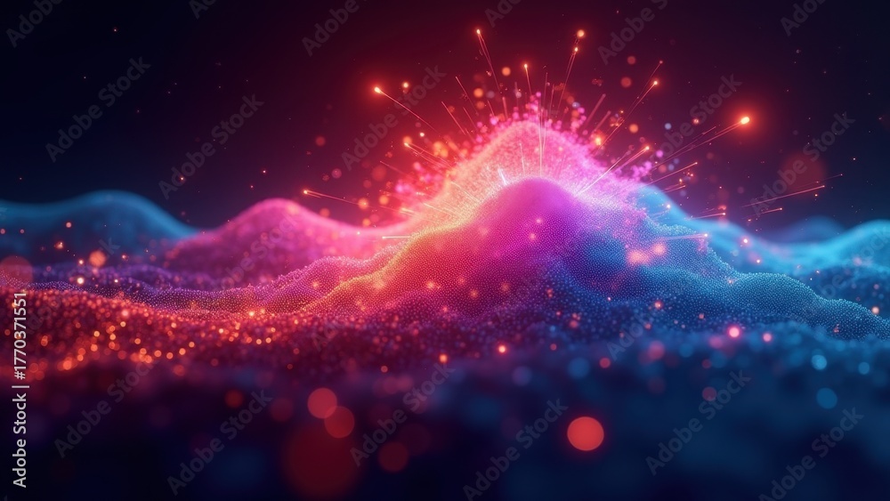 Fototapeta premium Particle mountain erupting with pink orange light bursts and glowing blue red terrain waves in dark starry bokeh sky creating an abstract energy landscape