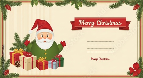 Retro Christmas greeting card design with Santa Claus, gifts, and festive ribbon. Vintage holiday illustration for winter celebration.