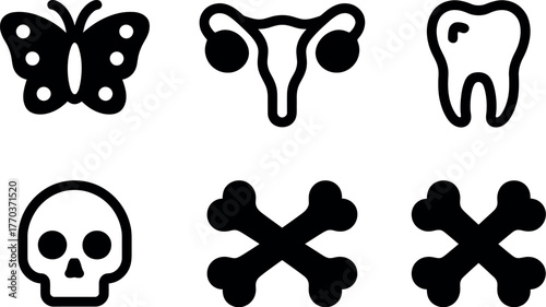 Set of six black and white medical and halloween icons including butterfly skull bones and uterus vector