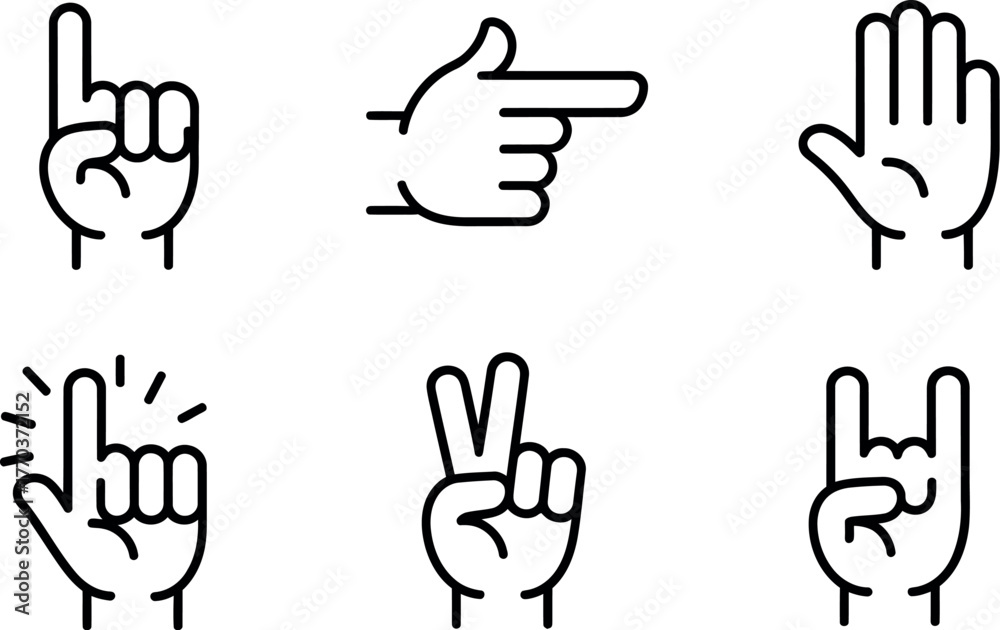 Obraz premium Collection of six simple hand gestures icons pointing indicating and number one sign vector