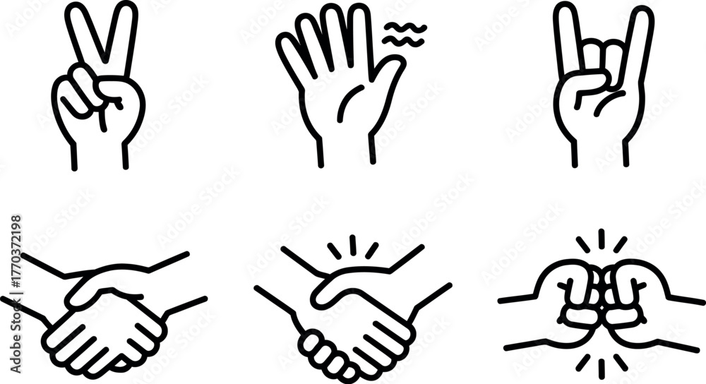 Fototapeta premium Set of six minimalist line art icons representing hand gestures and connections vector