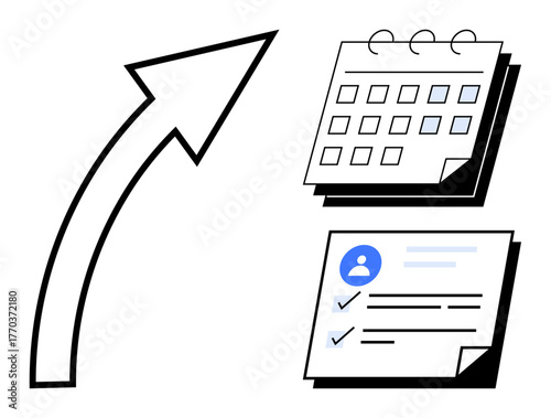 Large upward arrow links a calendar with marked dates and a completed task checklist. Ideal for productivity, planning, progress, time management, goal setting, efficiency, simple flat metaphor