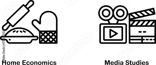 Minimalist line art icons representing home economics and media studies subjects vector