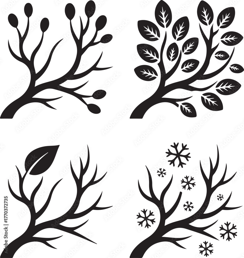 Obraz premium A vector set of tree branches showing the four seasons: spring, summer, autumn, winter