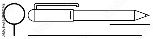 Ballpoint pen with clip, magnifying glass, and simple parallel lines. Ideal for creativity, focus, precision, writing, research minimalism and office design concepts. Simple flat metaphor