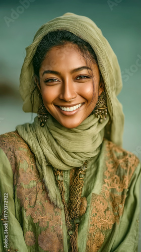 Smiling woman in traditional attire promoting inclusion and cultural diversity outdoors portrait