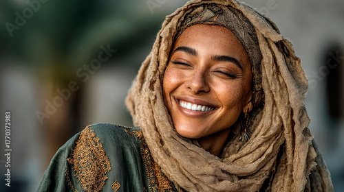 Joyful woman smiling with eyes closed, wearing traditional hijab and ethnic embroidery