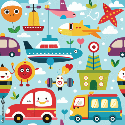 Colorful cartoon transportation and vehicle pattern for childrens decor and playful designs