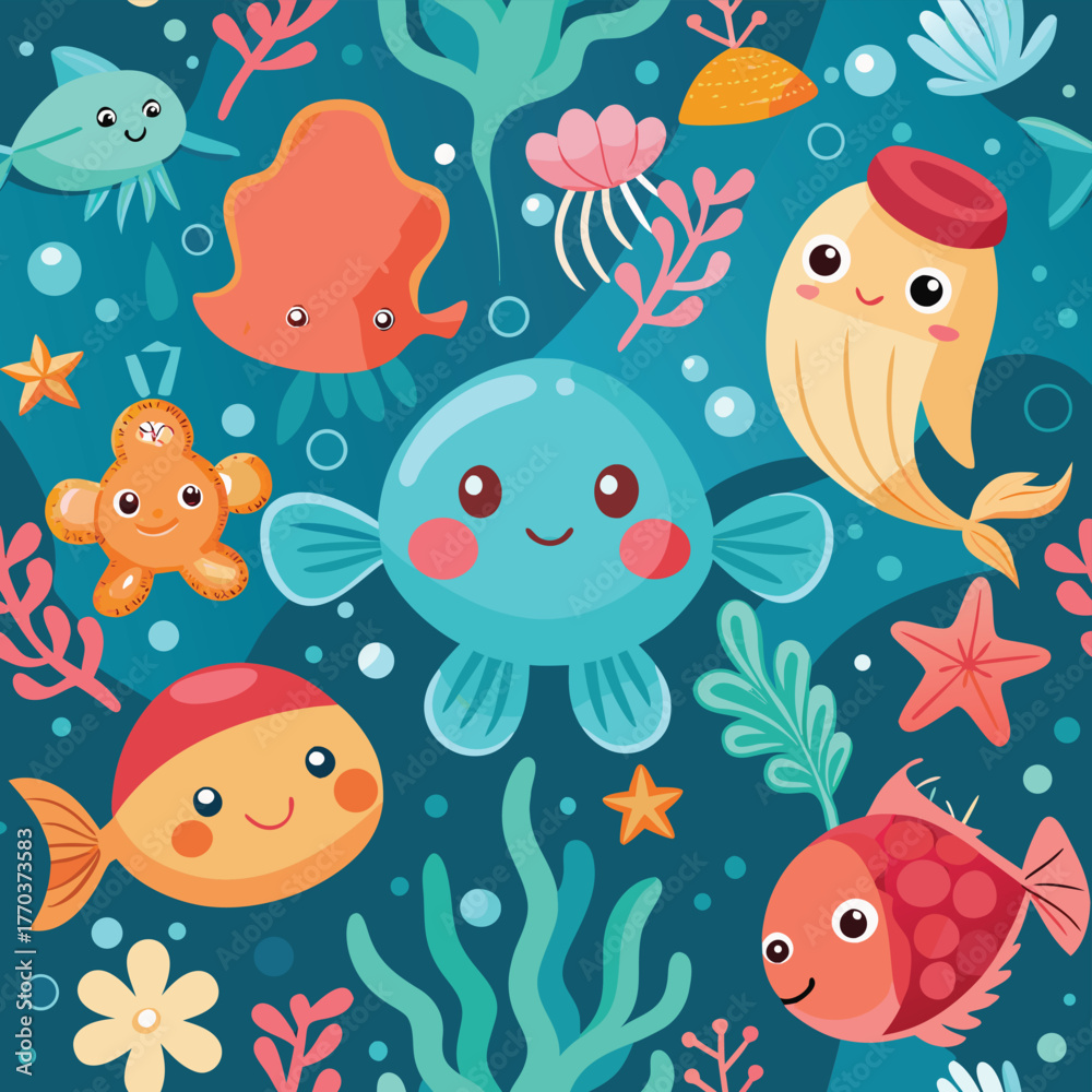 Fototapeta premium Delightful underwater world featuring friendly sea creatures and vibrant marine plants in a playful scene
