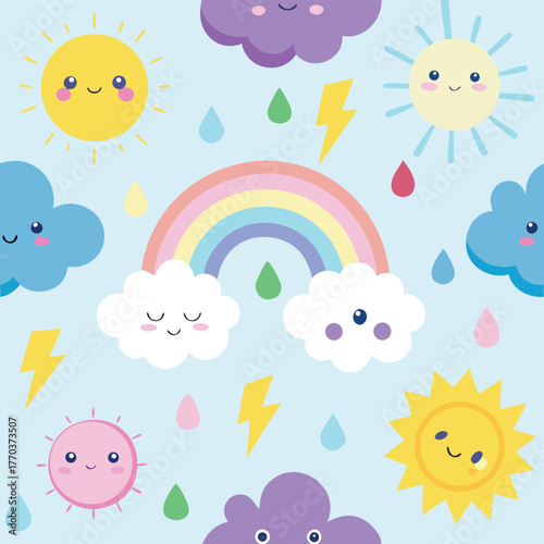 Cute weather pattern featuring kawaii clouds rainbow sunshine and rain perfect for backgrounds or fabrics