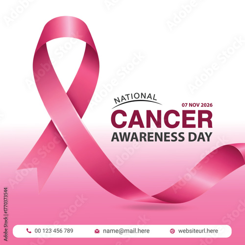 National cancer awareness day with pink ribbon and text on a white and pink background