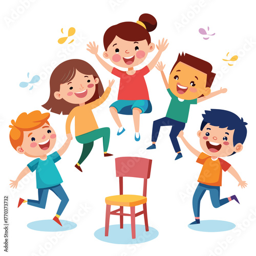 Group of cheerful kids playing musical chairs game cartoon illustration having fun
