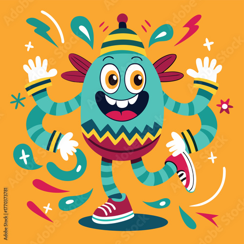 Joyful Cartoon Monster Illustration with Energetic Pose and Colorful Background for Childrens Art