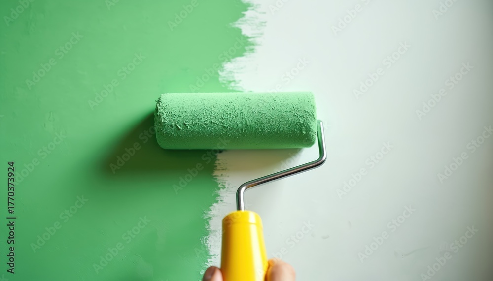 Obraz premium Person holds paint roller, applies vibrant green color to white wall surface. Home owner renovation, apartment interior decor change. Diy project freshens up room space. New shade adds modern style,