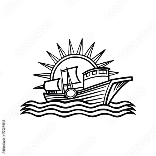 Ship silhouette beside rising sun