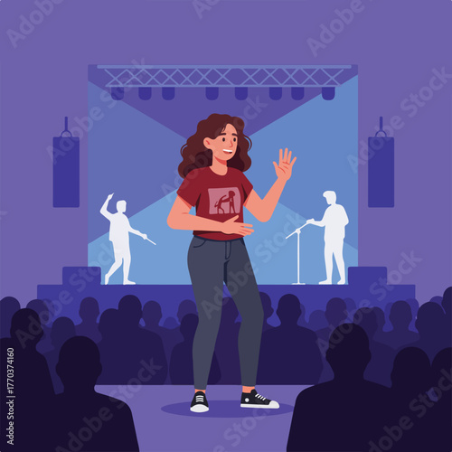 A woman performs on a stage, gesturing to the audience. Silhouetted figures stand on stage. Audience in dark silhouettes