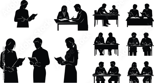 Academic silhouettes, tutoring and studying illustration, teacher student collaboration artwork, education learning design, classroom training vector, professional study artwork, flat vector