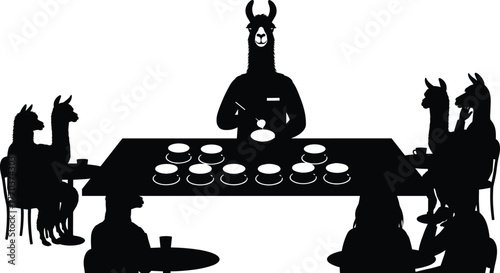 Anthropomorphic llamas dining with humans, surreal farm animal silhouettes, humorous rural life concept, whimsical illustration artwork, flat vector creative design